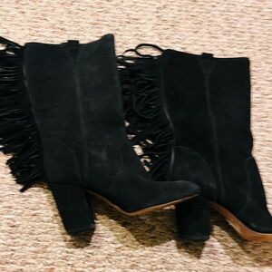Nine West Black Suede Heeled Boots with Fringe